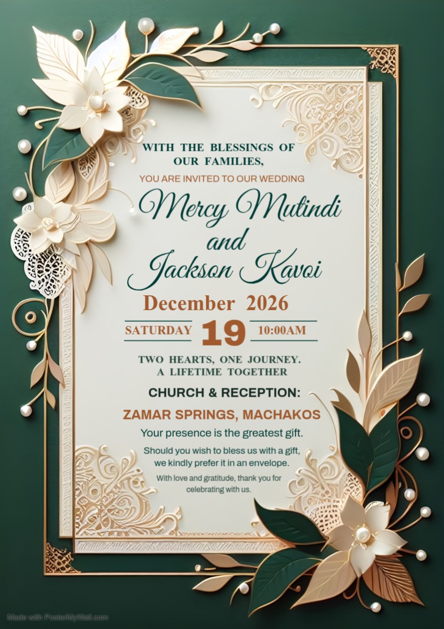 Wedding invitation for Mercy Mutindi and Jackson Kawai, Saturday 19 December 2026 at Zamar Springs, Machakos